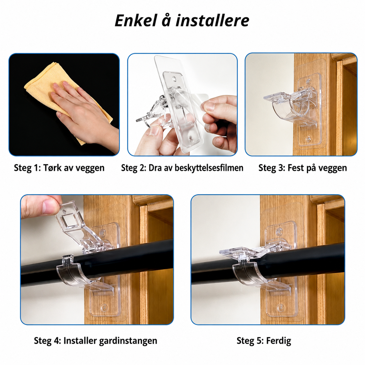 Gardinstangholder – Sterk montering. Ingen hull i veggen.